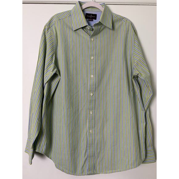 BLACK BROWN 1826 FLIP CUFF COTTON SHIRT AVOCADO GREEN BLUE STRIPE SIZE L - Picture 1 of 10